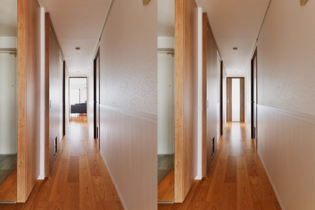 玄関～廊下：リビングドアには採光ドアを採用。閉めていてもやさしい光が差し込みます。引っ掻き対策の腰高パネルはほぼ全部屋に採用しています