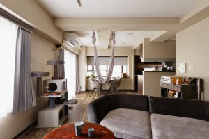 築31年マンションリノベ | リビングにハンモック!ダークウッドのアクセントが映える家