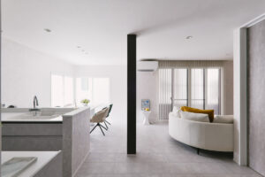 閉鎖的なZ型間取りを大改造し、抜けない柱を活かしたモルタル調の24帖大空間LDKを実現しました。愛車を眺めるガレージギャラリーや家事動線の改善など、理想のインテリアとこれからの快適な暮らしを両立したこだわりの住まいです。