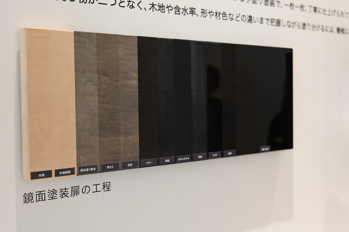 何層にも及ぶ鏡面塗装扉の工程展示